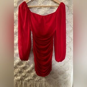 Red dress cinched on sides and in the back to enhance that booty! So cute!